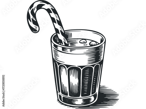 Glass filled with beverage and candy cane stirrer. Vector hand drawn illustration
