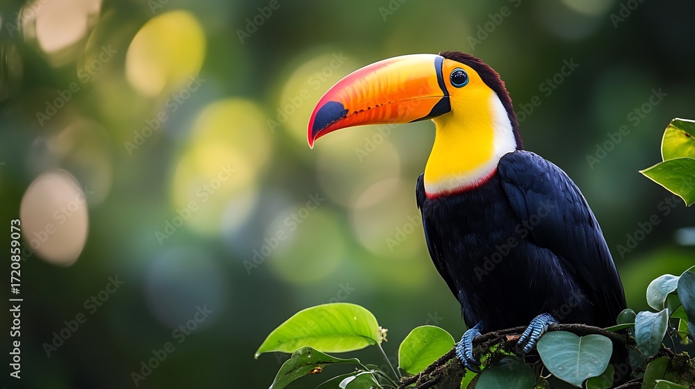 Fototapeta premium A closeup of a toucan perched on a branch with green leaves and a blurred background of green and yellow
