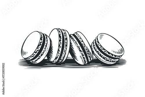 Line drawing of four sweet french macarons on a white background. Vector hand drawn illustration