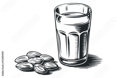Glass of Almond Milk and Almonds. Vector hand drawn illustration