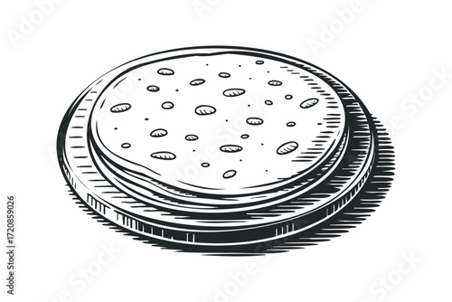 Stack of flatbreads with air bubbles. Vector hand drawn illustration