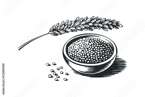 Bowl of Grains with Wheat Stalk. Vector hand drawn illustration