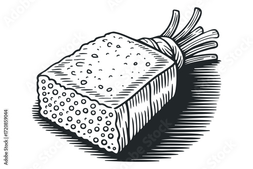 Porous Scrubbing Tool with Tied Natural Fibers. Vector hand drawn illustration
