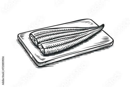 Cooked eel fillets on cutting board. Vector hand drawn illustration