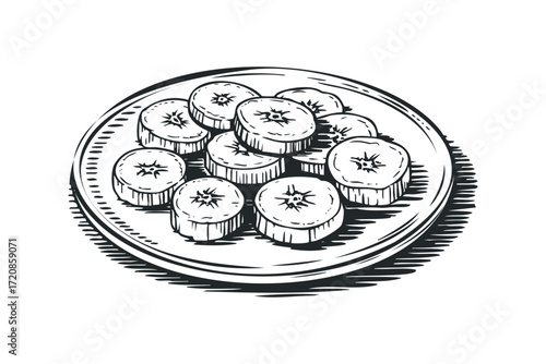 Sliced Banana Fruit on Plate Hand Drawn Line Art. Vector hand drawn illustration