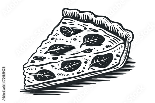 Hand Drawn Slice of Spinach Pizza. Vector hand drawn illustration