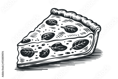 Woodcut Style Pizza Slice with Spinach and Olive Toppings. Vector hand drawn illustration