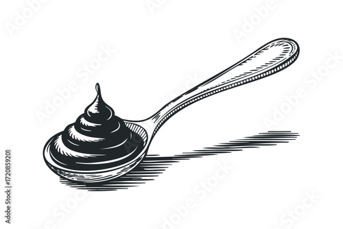 Spoon with Swirl of Dark Sauce. Vector hand drawn illustration