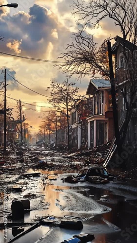 Street with destroyed houses after storm or earthquakes