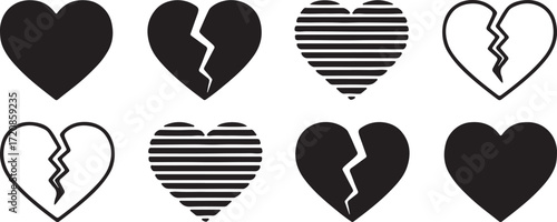 Illustration of collection of broken and solid hearts, isolated on white background