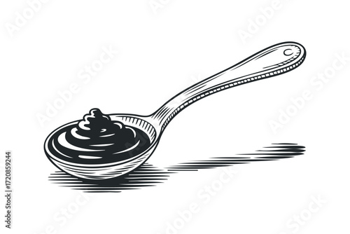 Spoon with Dark Paste and Shadow in Engraved Style. Vector hand drawn illustration
