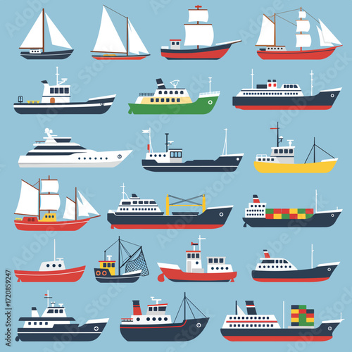 Vector Illustration of Various Cargo and Passenger Ships in Modern Flat Style with Bright Color Palette