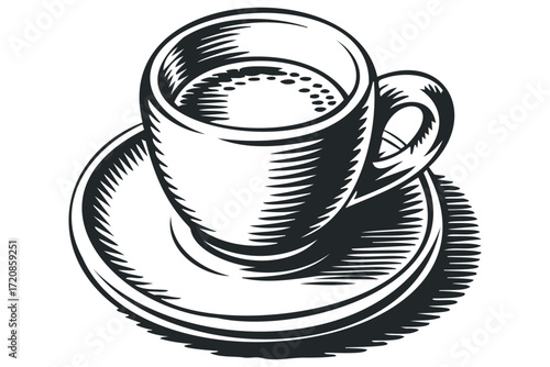 Espresso cup and saucer with bubbles. Vector hand drawn illustration