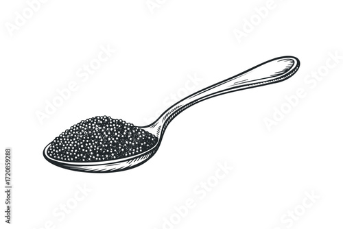 Spoon filled with black caviar isolated on white. Vector hand drawn illustration