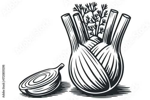 Fennel Bulb and Slice Isolated. Vector hand drawn illustration