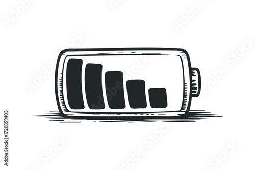 Drawn battery symbol with declining bars. Vector hand drawn illustration