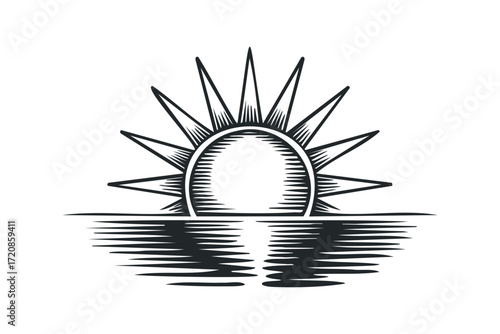 Sun setting over water with radiating rays. Vector hand drawn illustration