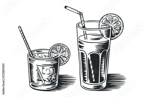 Two glasses of cold drinks with citrus slices. Vector hand drawn illustration