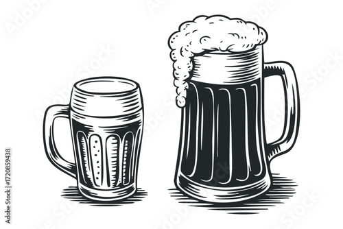 Two glasses of frothy beer. Vector hand drawn illustration