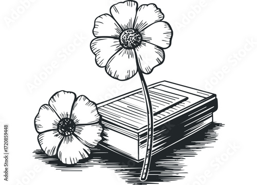 Line art depiction of two flowers beside a closed book. Vector hand drawn illustration