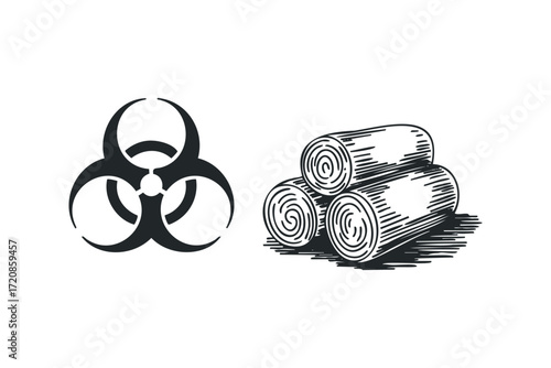 Biohazard symbol and rolled hay bales. Vector hand drawn illustration