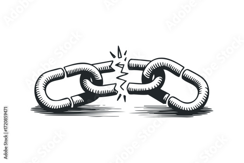 Broken chain symbol emphasizing failure and disconnection. Vector hand drawn illustration