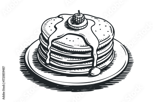 Stack of Pancakes with Berry and Syrup. Vector hand drawn illustration