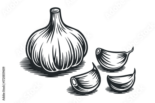 Garlic Bulb and Cloves. Vector hand drawn illustration