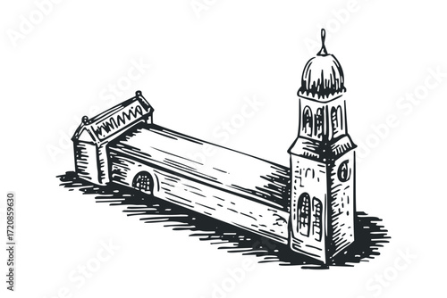 Sketch of historical structure with clock tower and dome. Vector hand drawn illustration