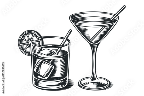Two drinks with ice and lime slice. Vector hand drawn illustration
