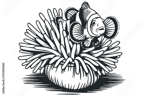 Clownfish nestled in anemone on transparent background. Vector hand drawn illustration