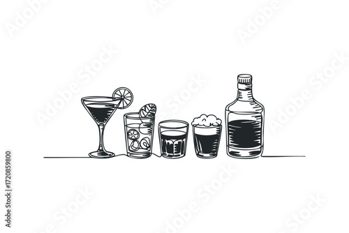 Assortment of alcoholic beverages in line art style. Vector hand drawn illustration