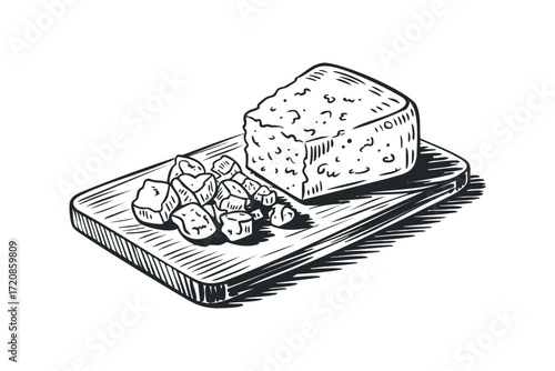 Sketch of cheese chunks and block on wooden board. Vector hand drawn illustration