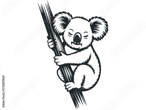 Stylized koala clinging to tree trunk. Vector hand drawn illustration