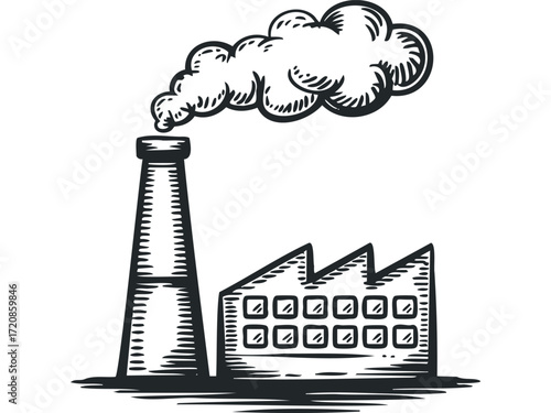 Smokestack emitting plume above industrial building. Vector hand drawn illustration