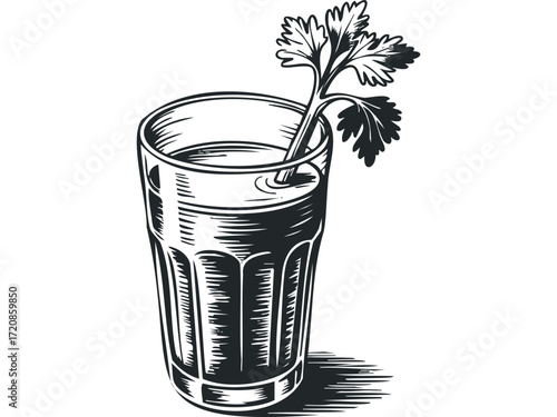 Black and white linocut style drawing of a tall glass with a sprig of parsley. Vector hand drawn illustration