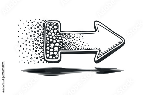 Arrow shape dissolving into small circles to the left. Vector hand drawn illustration