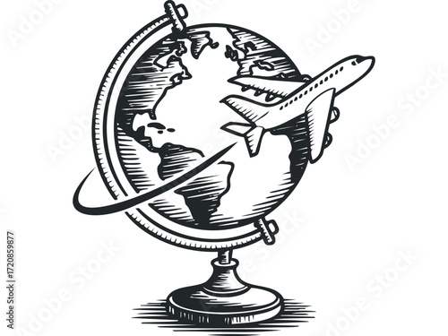 Airplane circumnavigating globe graphic. Vector hand drawn illustration