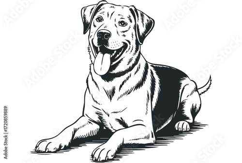 Happy Dog Lying Down with Tongue Out. Vector hand drawn illustration