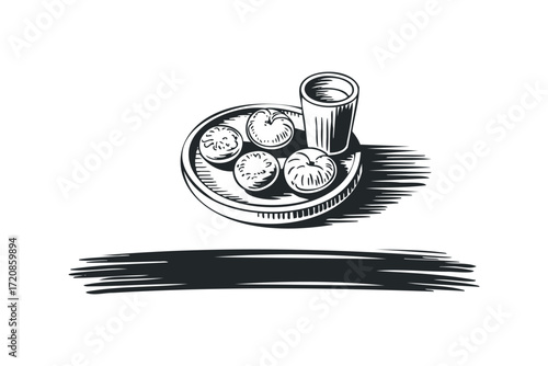 Traditional Thali Dish With Small Round Food Items and Beverage. Vector hand drawn illustration