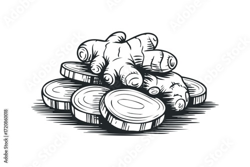 Ginger root and slices. Vector hand drawn illustration