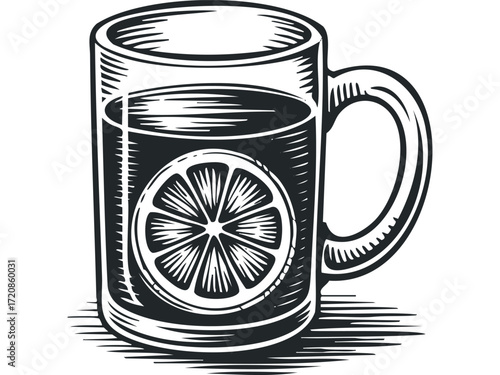Hand drawn sketch of a glass mug with citrus slice. Vector hand drawn illustration