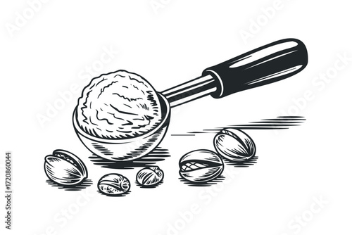 Ice cream scoop with nuts. Vector hand drawn illustration