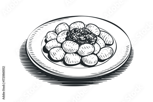 Gnocchi with sauce on plate black and white sketch. Vector hand drawn illustration