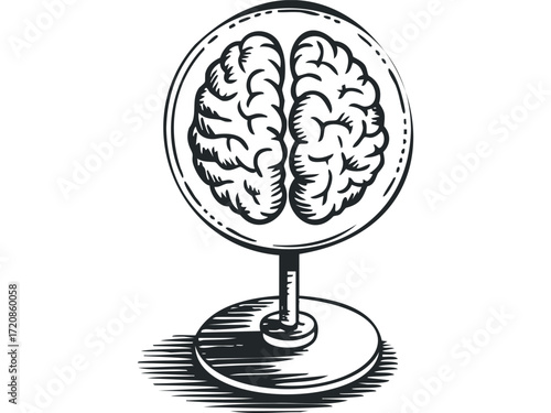Stylized Brain Inside Glass Sphere on Pedestal. Vector hand drawn illustration