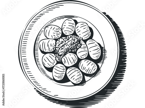 Plate of gnocchi with topping in a linocut style. Vector hand drawn illustration