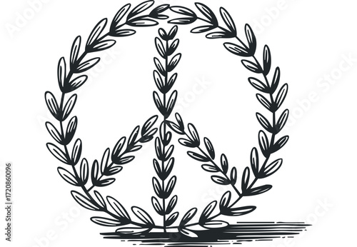 Peace Symbol with Laurel Wreath and Leafy Branches. Vector hand drawn illustration