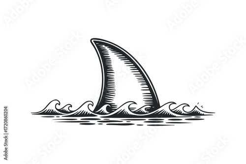 Shark fin emerging from wavy water surface. Vector hand drawn illustration