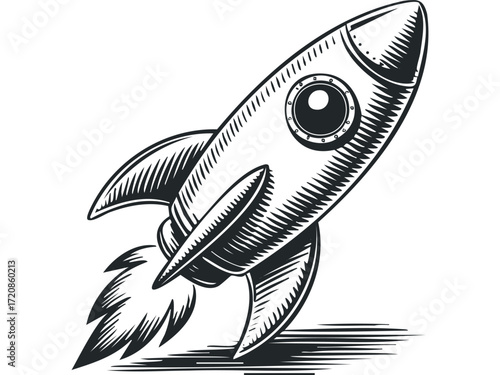 Vintage Rocket Ship Launching with Fiery Trail. Vector hand drawn illustration