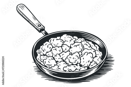Frying pan with scrambled eggs. Vector hand drawn illustration